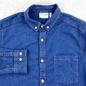 Asos Stretch‎ Denim Shirt Men's MEDIUM Blue Long Sleeve Pocket Cotton Blend